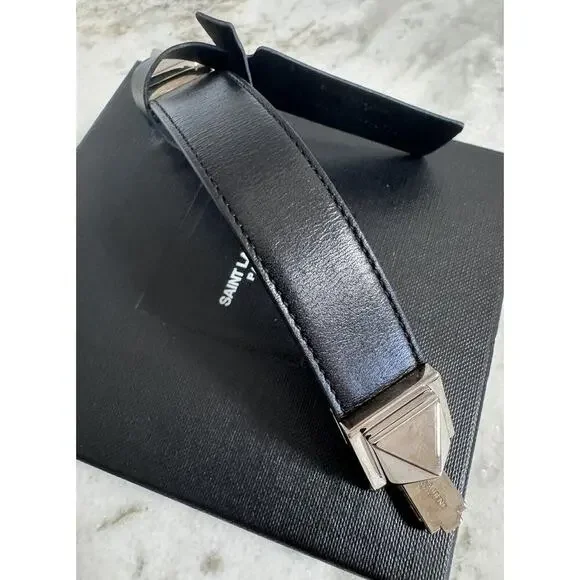 Auth Saint Laurent YSL Black Leather Stud Bracelet Small Sized Metal - Picture 10 of 16